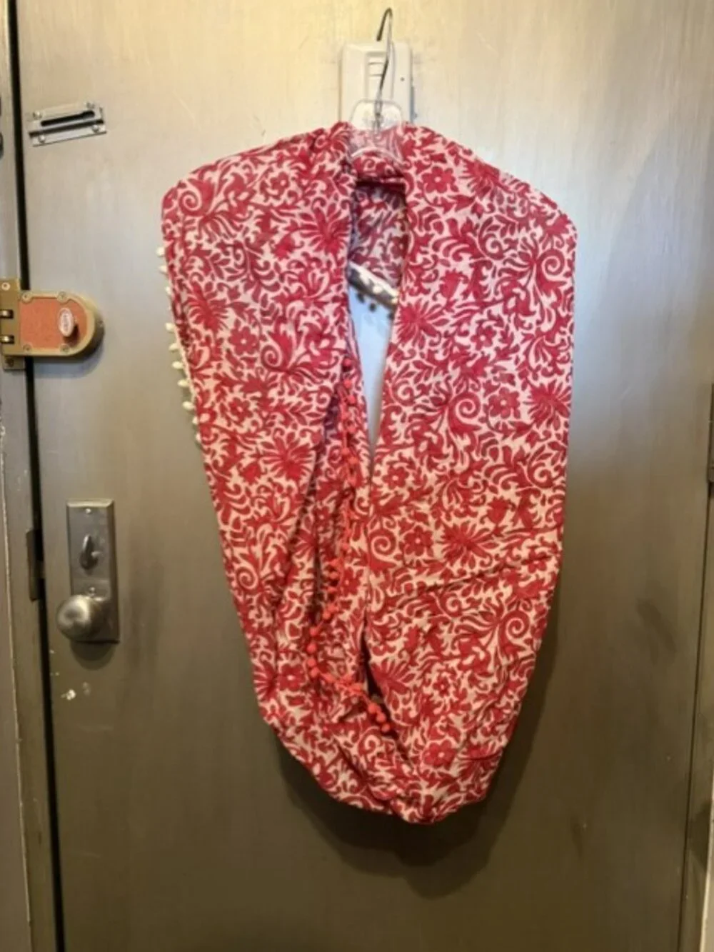 Boho Red & White paisley Infinity scarf with Pom-poms